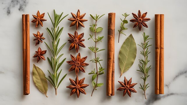 Fragrant star anise spices combined with fresh green rosemary stalks and brown cinnamon sticks on marble