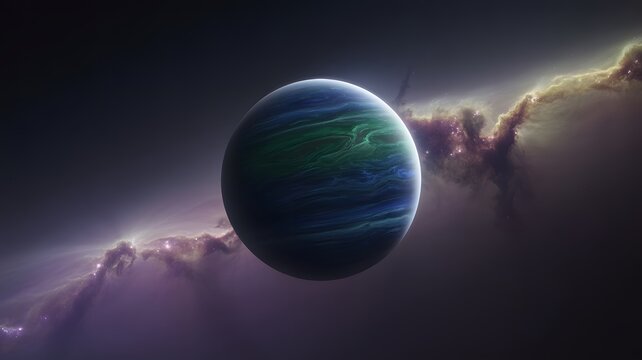Glowing blue and green planet floating in deep space with vibrant purple gas nebula clouds surrounding