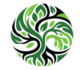 Fototapeta premium A stylized tree with green foliage and dark roots creates a circular ornamental design leaves ornament vector illustration graphic eco-friendly