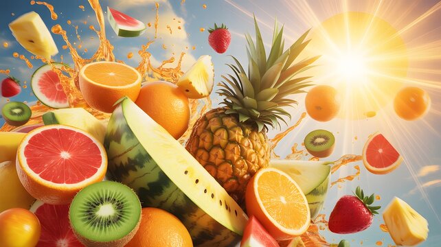 Vibrant tropical fruit composition featuring juicy pineapple and sliced citrus floating under bright golden summer sunshine