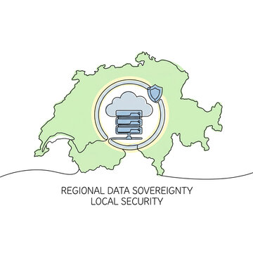 Swiss Data Sovereignty Line Art Illustration, Regional Cloud Security and Local Data Protection on Transparent Background