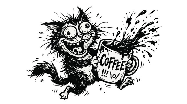 Crazy hyperactive black cat running with spilling coffee mug cartoon illustration
