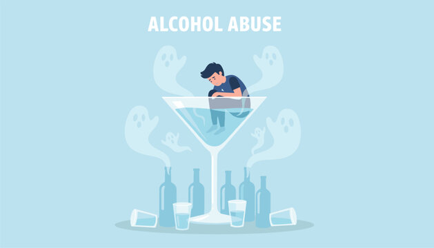Sad young man trapped in a cocktail glass surrounded by ghosts, illustrating alcohol abuse and addiction.