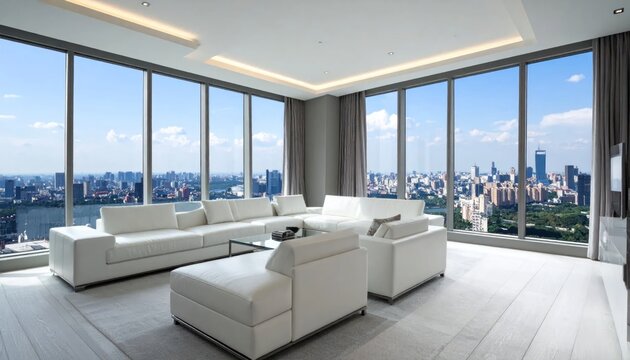Modern luxury penthouse living room with panoramic city view