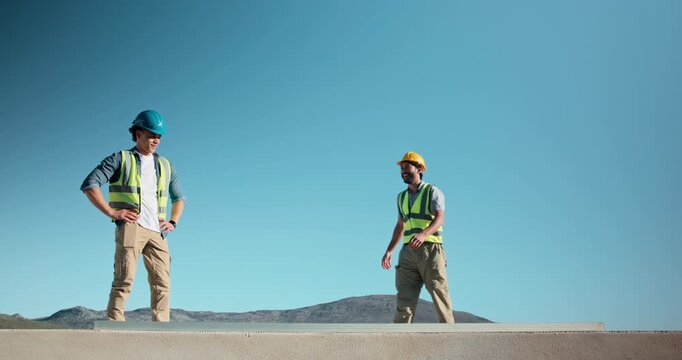 High five, outdoor and men with solar panels for electricity, renewable energy and installation success. Happy, rooftop and people with support for maintenance check, sustainable power or grid repair