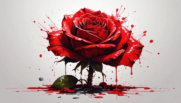 Artistic red rose with paint splatters on white background