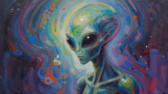 Enigmatic Alien Encounter in a Colorful Cosmic Background
