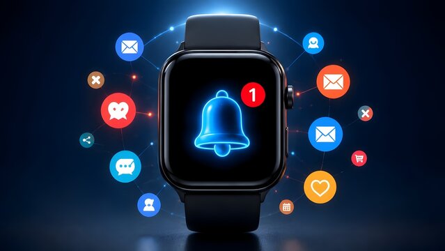 Smartwatch displaying a notification bell icon surrounded by glowing digital communication and application icons, illustrating modern connectivity and wearable technology.