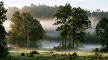 Fototapeta premium Picturesque early morning mist rolling over vibrant autumn meadows with calm ethereal tree scenery.