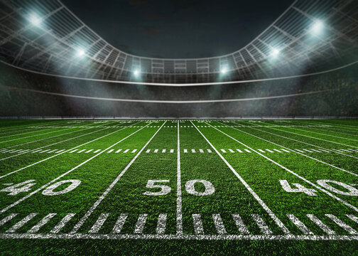 Textured green field in american football stadium. Concept of outdoot sport, football, championship, match, game space.
