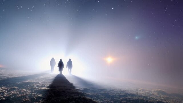 Three figures emerge from a mystical, ethereal fog, illuminated by a mysterious light source. The scene evokes a sense of wonder, mystery. ..Created with Generative AI, not depicting real subjects.