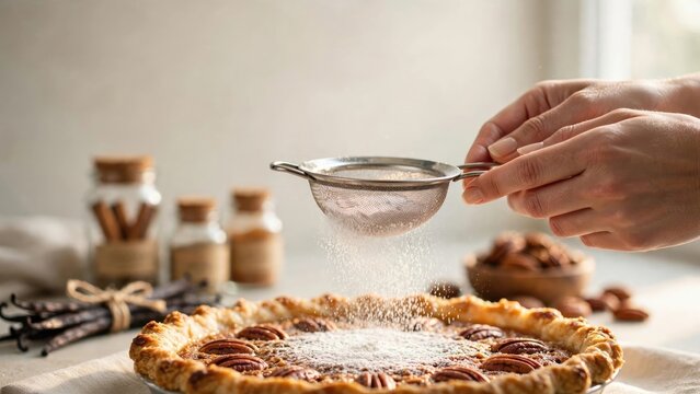 Hands dusting powdered sugar onto a rustic homemade pie