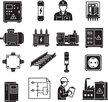 Industrial Electrical Systems Monolithic Black Vector Icon Set Collection