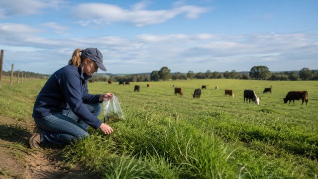 Female agricultural worker in blue jacket collects grass samples in a green pasture with grazing cows under a clear blue sky in a rural farming landscape