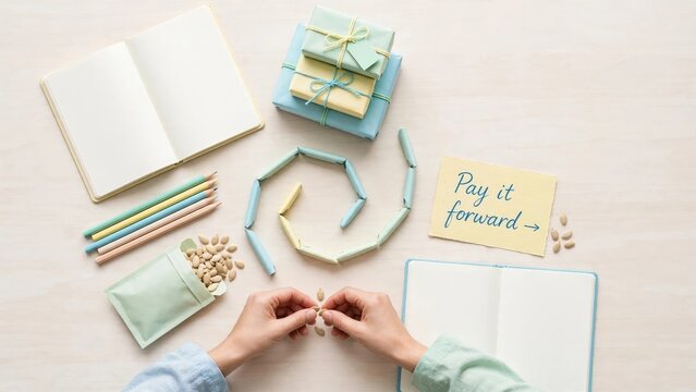 Pay It Forward Concept with Notebook, Pencils, and Notes