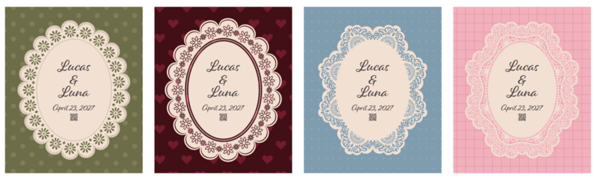 Elegant oval lace frame wedding poster set. Vintage scallop border edge and delicate doily trim. Rectangular romantic invitation template.