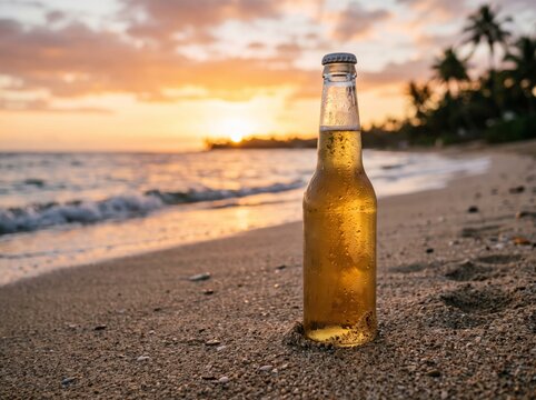 Chilled beer bottle standing in sand on a tropical beach at sunset during golden hour
