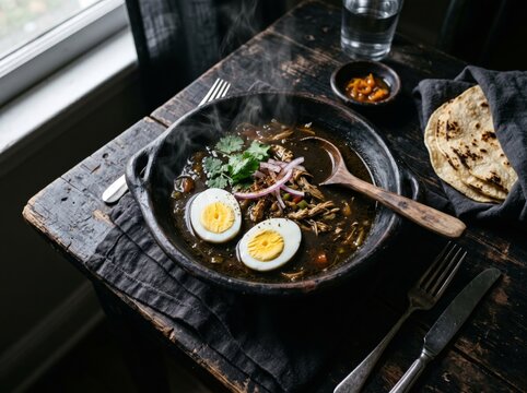 Belizean chimole soup topped with boiled eggs, red onion, and cilantro in a ceramic bowl on a rustic table