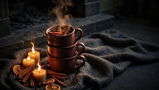 Rustic Hot Spiced Beverages with Cinnamon Sticks and Candles
