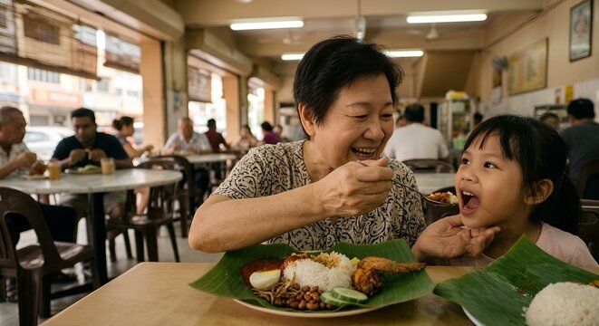Asian grandmother feeding Nasi Lemak on a banana leaf to her young granddaughter in a Malaysian Kopitiam.