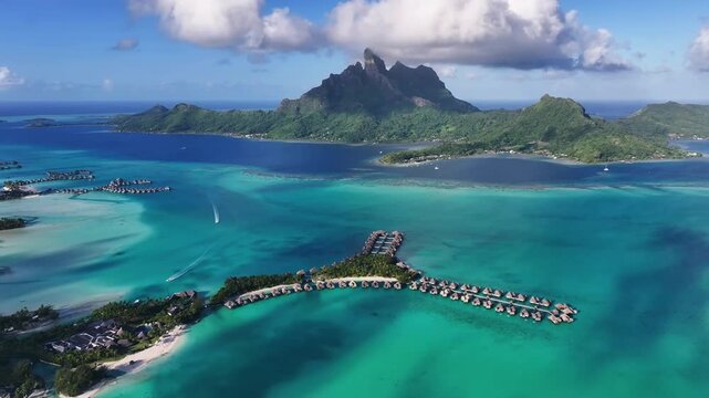 Aerial View of Bora Bora Lagoon and Overwater Bungalows, French Polynesia in Bora Bora, French Polynesia