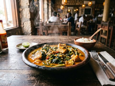 Steaming fish stew with leafy greens and okra served in a clay dish on a rustic wooden restaurant table