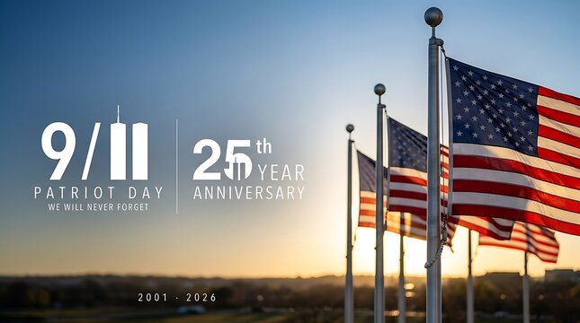 9/11 patriot day 25th year anniversary with american flags at sunset we will never forget from 2001 to 2026.