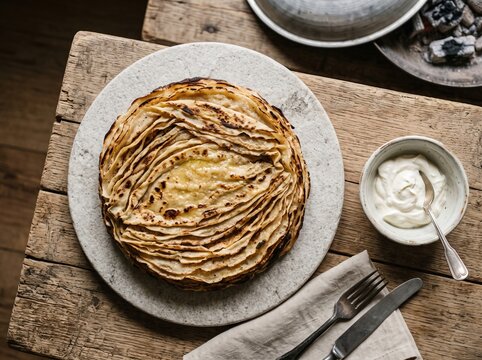Traditional flija cake served with sour cream on a round stone plate and rustic wooden table