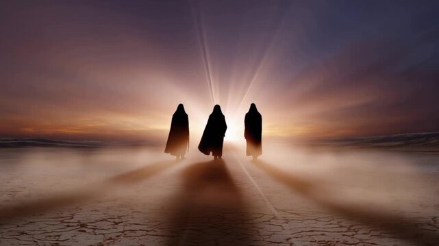 Three silhouetted figures shrouded in dark cloaks walk across a desert landscape at sunset. ..Created with Generative AI, not depicting real subjects.