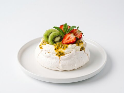 Mini pavlova meringue cake topped with passion fruit, kiwi, and strawberry on a white plate