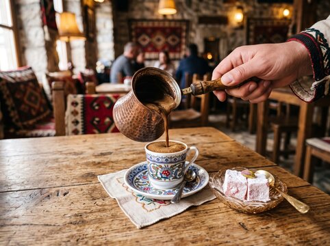 Hand pouring traditional coffee from a copper cezve into an ornate cup on a rustic wooden table