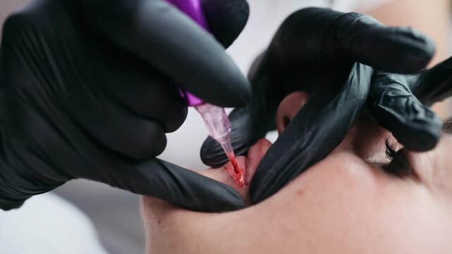 Extreme close up of a permanent makeup artist performing a lip blush tattoo procedure with a PMU machine in a professional beauty salon.