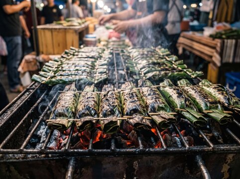 Pulut Panggang grilled on charcoal at a vibrant night market stall, prepared by a male vendor for street food enthusiasts