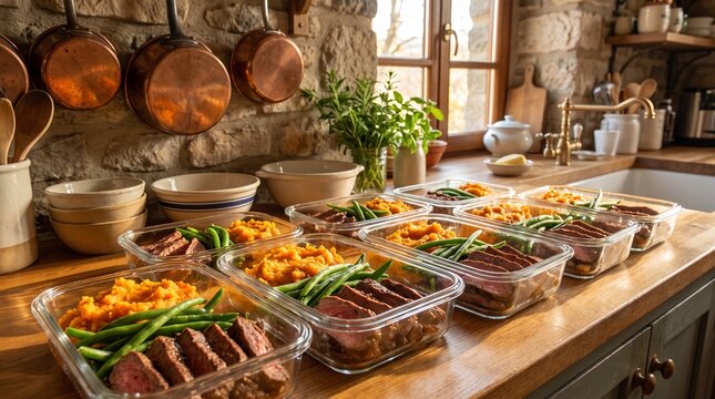 Healthy Meal Prep: A delightful array of individually portioned meals, featuring lean protein, vibrant vegetables, and wholesome grains, meticulously prepared for convenient and nutritious eating.