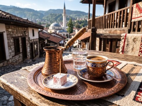Traditional Bosnian coffee set on copper tray with rahat lokum, water glass, and Ottoman minaret background