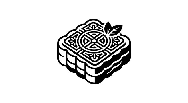 Isometric black and white mooncake illustration.