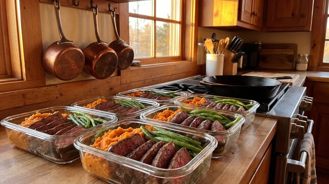 Meal Prep Perfection: Five pre-portioned containers filled with sliced steak, mashed sweet potatoes, and green beans, neatly arranged on a rustic wooden kitchen counter.