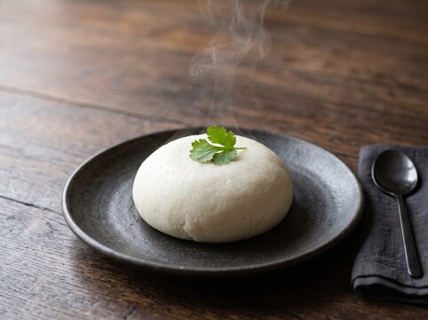 Steaming traditional Burundi Ugali served on a dark plate with cilantro on a rustic wooden table