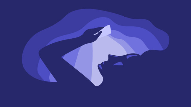 A silhouette of a person playing on her phone late at night, addicted to mobile and portable digital devices. Digital detox and screen time management illustration