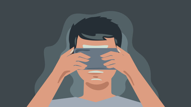A person playing on her phone, addicted to mobile and portable digital devices. Digital detox and screen time management illustration