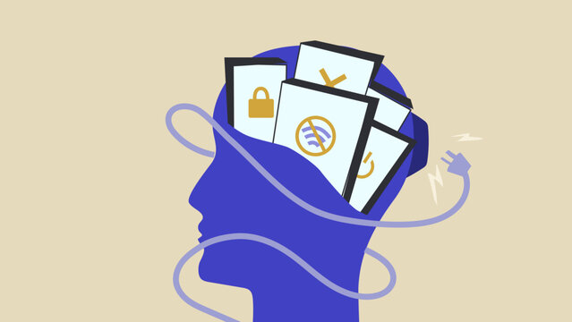 Head silhouette of humans mind filled with digital devices and unplugging it from your head, digital detox illustration