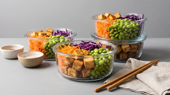 Healthy Meal Prep Bowls: Three glass bowls filled with vibrant ingredients like edamame, shredded carrots, tofu cubes, and purple cabbage, perfect for a nutritious and convenient meal.