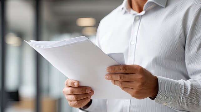 Business man holding and reading paper documents, blurred modern office background for business report, contract review, corporate workplace promotional design asset