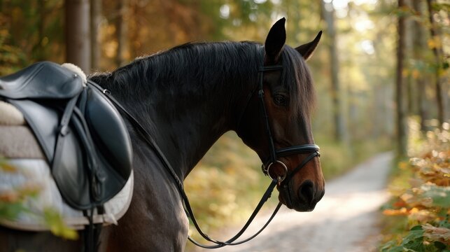 Dark brown horse with saddle and bridle stands on a forest path surrounded by autumn foliage, showcasing equestrian equipment in a natural setting