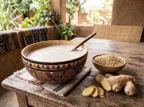 Zom Koom millet beverage served in a traditional decorated calabash bowl with raw ginger and grains on a rustic wooden table