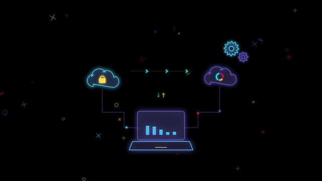 Cloud Computing and Secure Data Transfer Motion Graphics Animation with Glowing Laptop, Cloud Storage, Padlock, and Network Analytics on Black Background