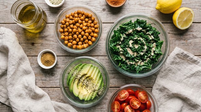 Fresh Ingredient Assortment: A vibrant spread of healthy ingredients, including chickpeas, avocado, kale, and cherry tomatoes, neatly arranged on a rustic wooden table.