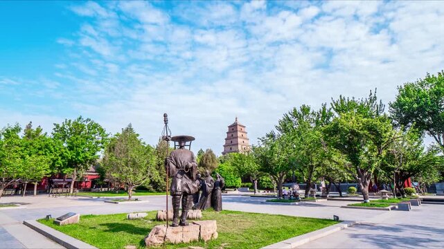 Bronze Monk Statue and Giant Wild Goose Pagoda in Xi'an China in Giant Wild Goose Pagoda, Xi an, Shaanxi, China