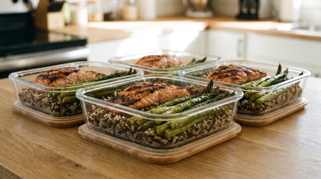 Healthy Meal Prep: Four meticulously prepared meal prep containers featuring grilled salmon, roasted asparagus, and a wholesome grain base are neatly arranged on a wooden kitchen counter.