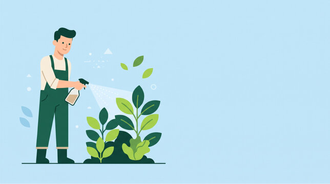 Man spraying organic fertilizer on green plants illustration